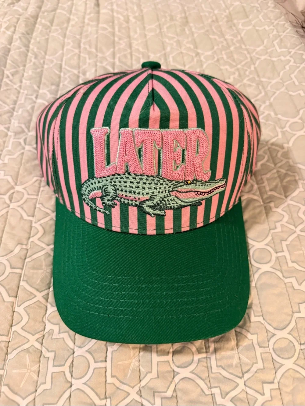 Pink & Green Striped 'LATER' Cap with Crocodile Embroidery